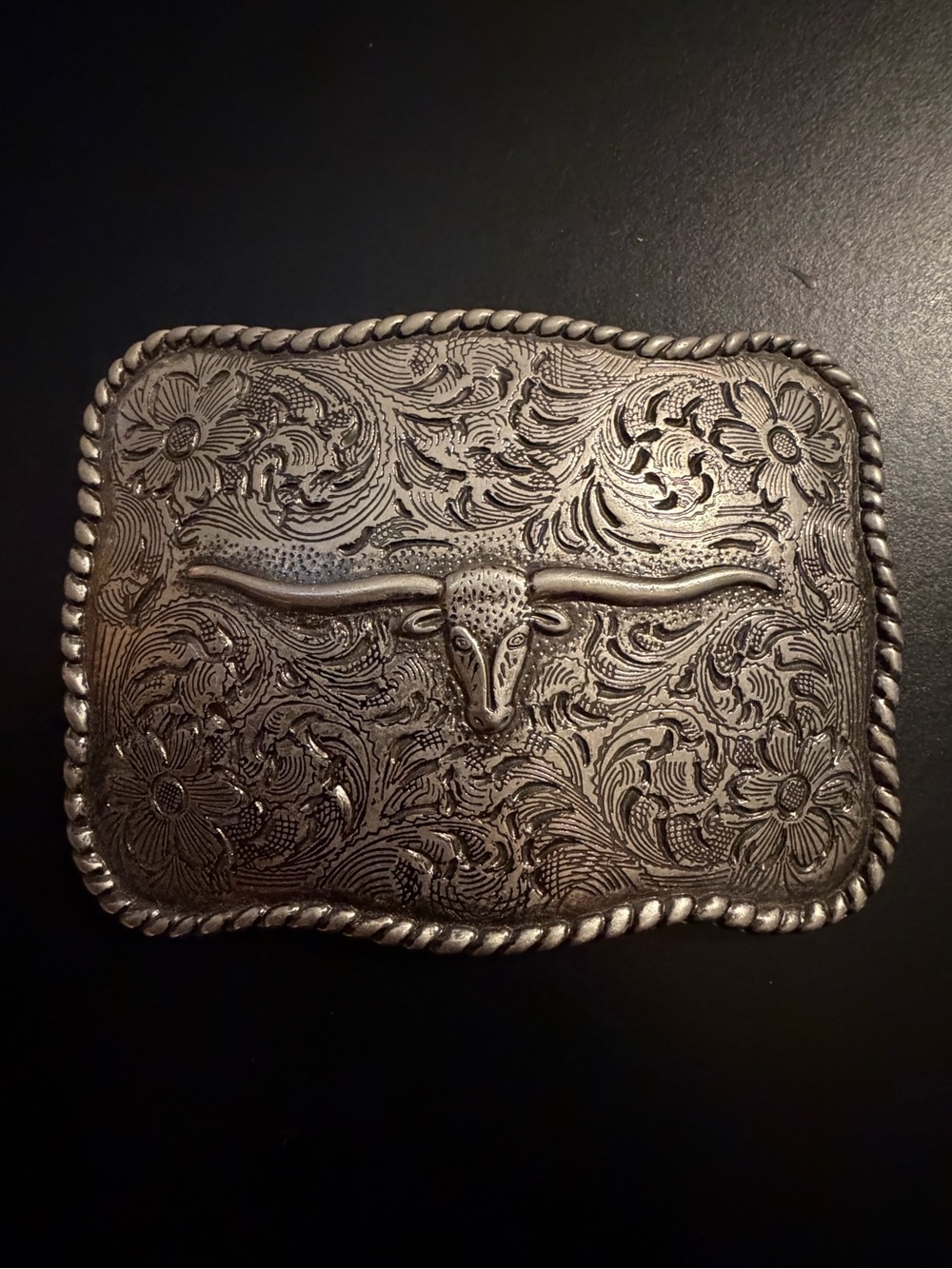 Engraved Longhorn Western Belt Buckle - Silver Tone